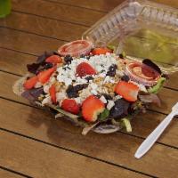 Strawberry Field Salad · Spring mix, cranberries, strawberries, walnuts, feta cheese, and chicken or turkey with rasp...