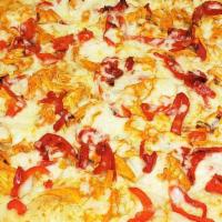 Buffalo Chicken - Medium · Roasted red peppers, onions, gorgonzola, ＆ mozzarella.