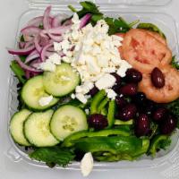 Greek Salad · Mixed greens, kalamata olives, romatoes, cucumbers, peppers, roasted peppers, and feta cheese.