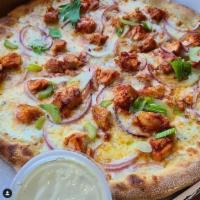 12″ Small Buffalo Chicken Pie Pizza · Cheese, fromage blanc sauce, buffalo chicken, red onion, shaved celery, blue cheese dipping