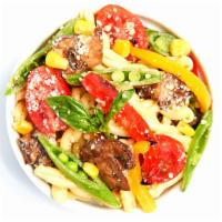 Vegetable Gemelli · gemelli pasta, fresh corn, snap pea, mushroom, roasted bell pepper, cherry tomato, fresh bas...