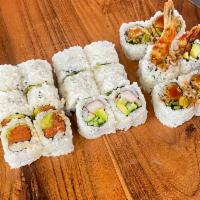 C4. Trio A Sushi Combo · California roll, spicy tuna roll, shrimp tempura roll.

