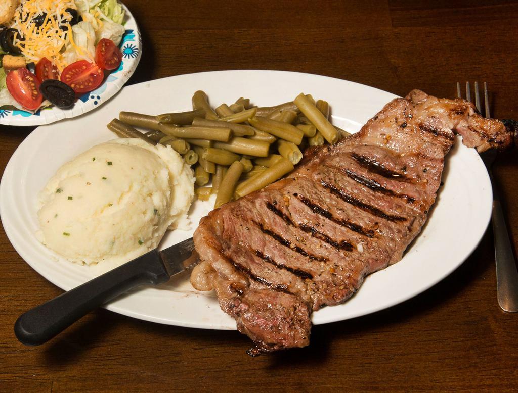 Steak Dinner Meal · Includes mash potatoes, green beans or corn and side salad.