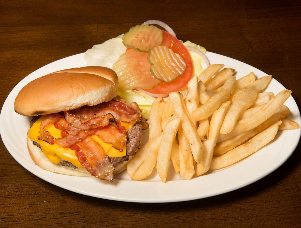 Bacon Cheeseburger · 1/3 pound Angus sirloin burger 3 strips of bacon and cheese
 Includes fries