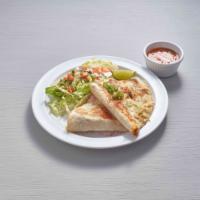 Quesadilla Deluxe · Flour tortilla stuffed with cheese and your choice of grilled chicken, steak, pork al pastor...