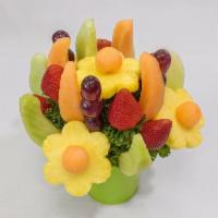 Simply Edible Buquet · Fresh fruit favorites are carefully crafted in a brightly-colored keepsake mug. Includes can...