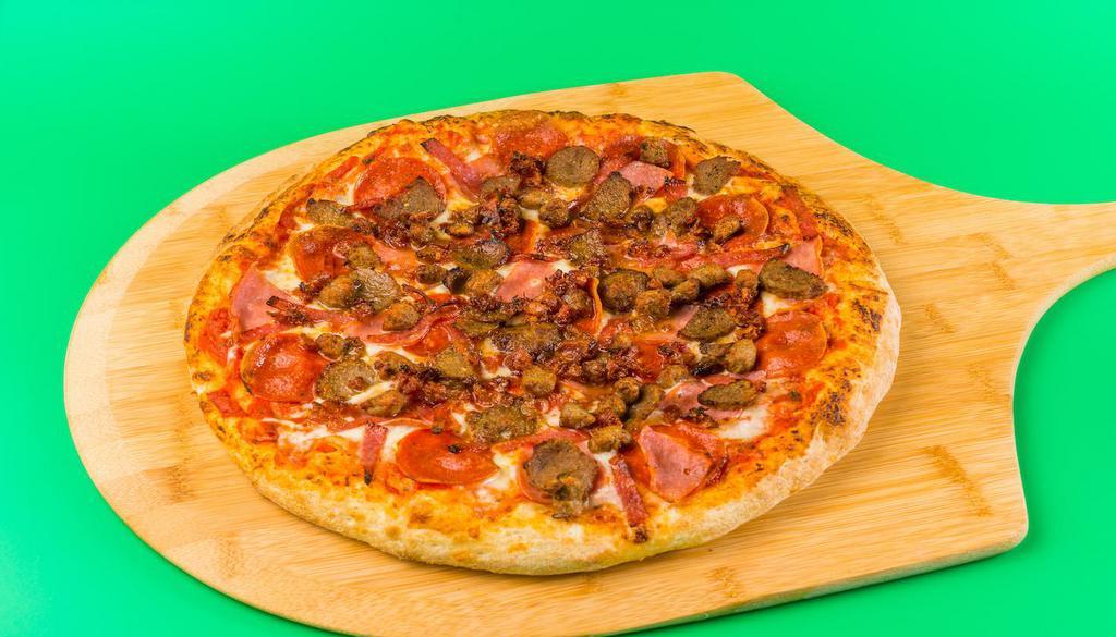 Meat Lovers Pizza · Hand-stretched dough with marinara, mozzarella cheese, pepperoni, ham, bacon and sausage.
