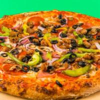 Combination Pizza · Hand-stretched dough with Italian sausage, salami, pepperoni, mushrooms, olives and bell pep...