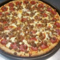 Meat Lovers Pizza · Pepperoni, meatballs, sausage, and homemade hamburger. Made fresh daily dough and house cut ...