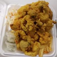 Fisherman's Platter · Fresh haddock, fresh clams, fresh deep sea scallops, and fresh tender shrimp. Lightly breade...