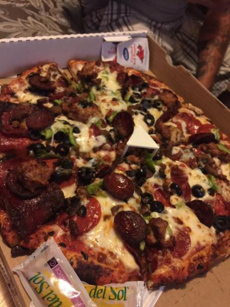 Combination Pizza · Salami, pepperoni, mushrooms, olives, bell peppers, sausage, ground beef, linguine and mozzarella cheese.