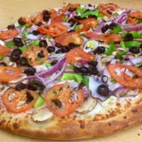 Vegetarian Pizza · Marinated artichoke hearts, fresh mushrooms, sun-dried tomatoes, red onions, bell peppers an...