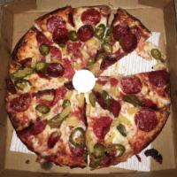 Mexican Combo Pizza · Pepperoni, ham, pineapple, chorizo, beef and jalapenos.
