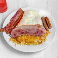 Breakfast Sampler  · 3 Eggs any style, 2 Bacon Strips, 2 Sausage Links, 1 piece of Ham Off the Bone And Hashbrowns