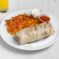 Breakfast Burrito · Scrambled eggs, chorizo, tomatoes, onions, green peppers and cheddar cheese. Served with a s...