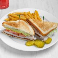 Turkey Club  · Oven roasted carved turkey breast with applewood smoked bacon, lettuce and tomatoes on two s...