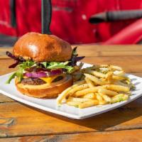 Burger · 100% Angus beef served on a brioche bun with 1000 Islands, tomato, red onions, mixed greens,...
