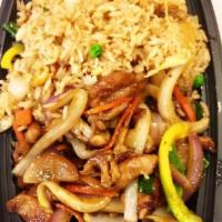 Teriyaki Chicken · grilled chicken sautéed with onion and pepper in special teriyaki sauce. served with white r...