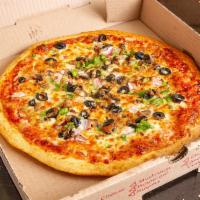 Vegetable Pizza · Fresh mushrooms, green peppers, onions, black olives and tomatoes.