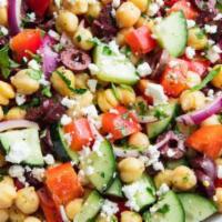 Nutrirranean Salad · Spring mix, cherrie tomatoes, red onions, black olive, chickpeas, and feta cheese.
