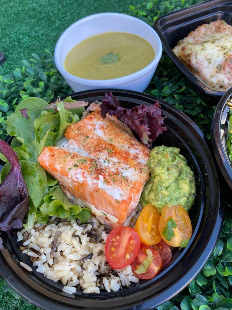 Salmon Bowl · Juicy and delicious 6-8 oz Salmon, cooked to perfection on top of what you like the most.