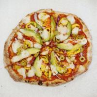 Avo Maria Pizza · VEGAN. Soy-free.
--
Avocado, marinara, tomato, onion, red bell pepper, green olives, banana ...