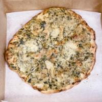 Spinach Artichoke Pizza · VEGAN. soy-free.
--
spinach, artichoke, sunflower cheese sauce, roasted garlic, parmesan, wh...