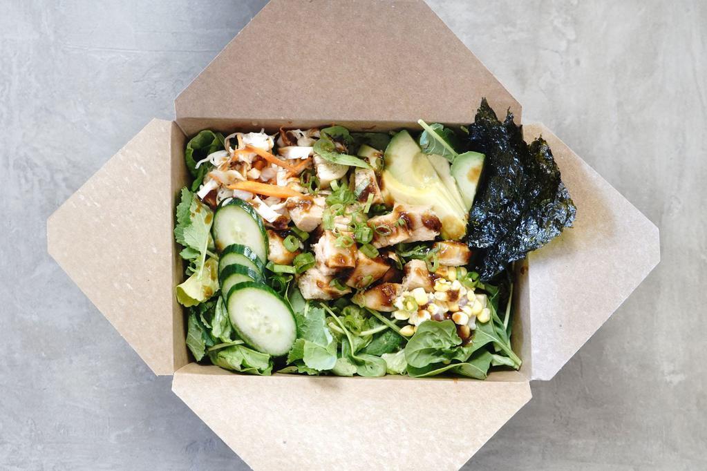Chik'n Miso Salad · Vegan chik'n, mixed greens, seaweed, avocado, corn salsa, cucumbers, cabbage-carrot pickle, green onions, ginger-miso dressing.
--
VEGAN. GLUTEN-FREE. NO ADDED OIL. Contains soy & sesame.