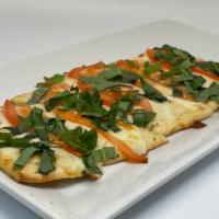 Margherita Flat Bread Starter · Garlic butter flatbread slices with mozzarella cheese, diced tomatoes, and basil