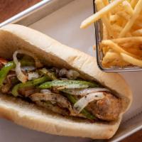 Italian Sausage · Italian sausage baked with onions and green peppers, served in a fresh French rolljust like ...