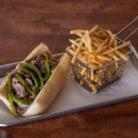 Italian Beef · Served on a fresh French roll with sweet pepper. Served with your choice of seasoned curly f...