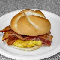 Bacon, Egg and Cheese Sandwich · Bacon, egg, and cheese on a roll or sandwich.