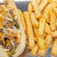 Texas Cheese Steak Basket · A staple of Philly with a Texas flair. Freshly grilled steak with fresh onions, peppers, che...