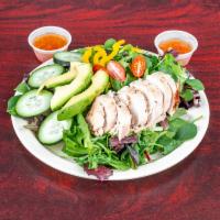 14. Rotisserie Chicken Salad · A combination of pulled rotisserie chicken, fresh veggies, avocado, and dressing of your pre...