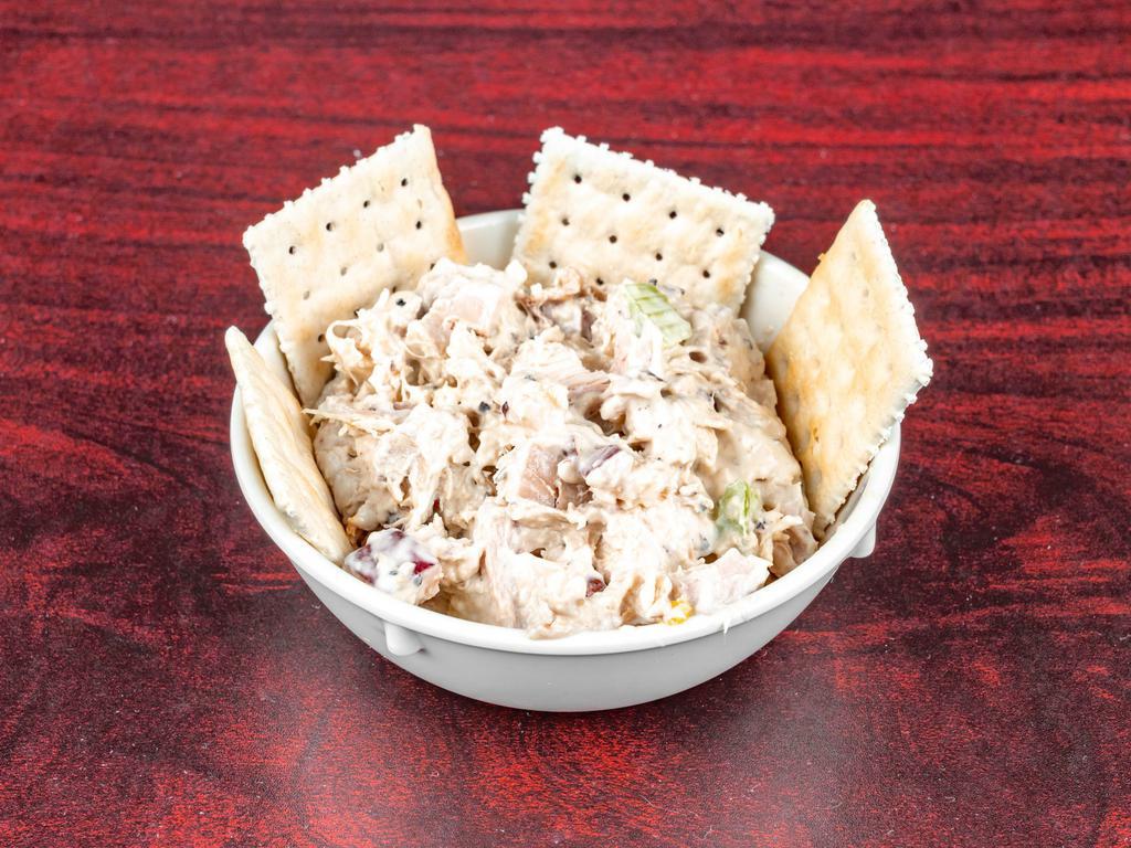 15. Apple Chicken Salad and Crackers · Pulled rotisserie chicken, celery, chives chopped apple, pecans, mayonnaise, and Dijon mustard.