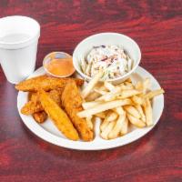 4. Fried Chicken Basket Meal · 5 chicken stripes, a medium side, chipotle sauce, and medium drink.