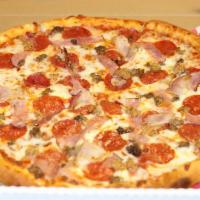 The Carnivore  · Pepperoni, Italian sausage, Beef, real Bacon, and Hmmmm (That's Ham). What else can you ask ...