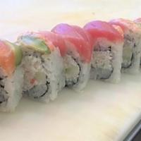 Rainbow Rolls Plate彩虹卷 · Cooked shrimp, salmon, tuna, avocado, cucumber, seaweed, and imitation crab salad. Whole roll.