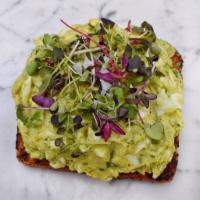 Avocado Egg Salad Toast · with micro greens, sea salt, black pepper on toasted 7-grain bread