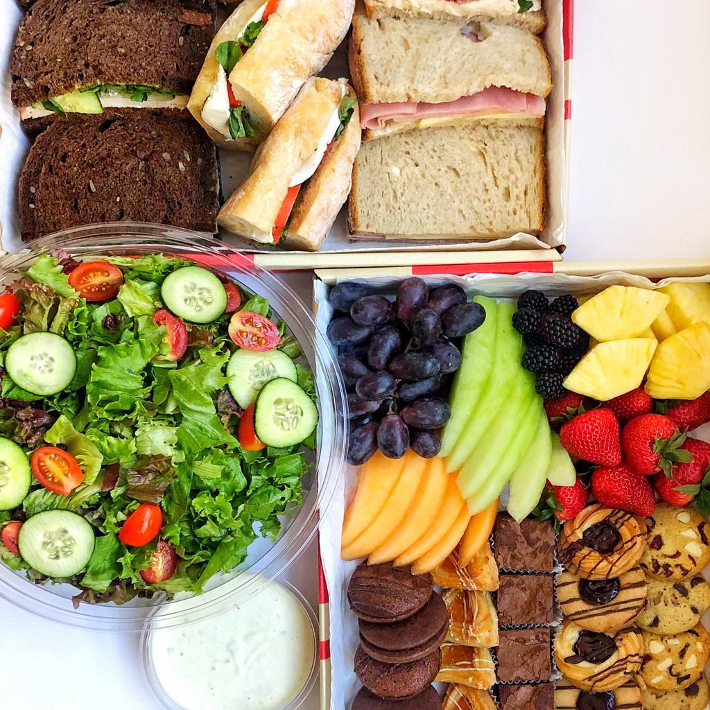 Sandwich Lunch Prix Fixe · $22.95 PER PERSON, 6 PERSON MINIMUM. sandwich tray with a choice of side and cookie & brownie tray. All sandwiches can also be prepared on our homemade Tuscan flat bread. **advance notice required for deliveries between 4pm and 9pm**.