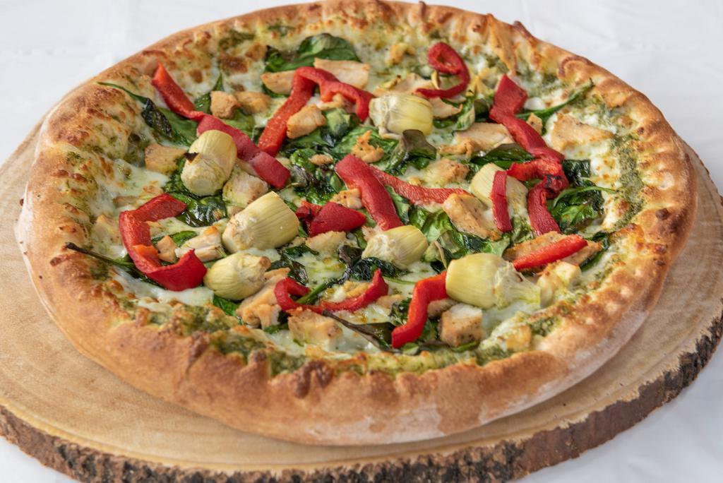 Chicken Pesto Pizza · Spinach, artichoke, roasted peppers, chicken, pesto sauce and mozzarella cheese.