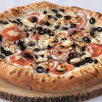 Greek Pizza · Olive oil, garlic, oregano, feta cheese, onions, black olives mozzarella .