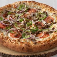 White Pizza · Olive oil sauce, beef , green peppers, onion, tomatoes and mozzarella cheese. 