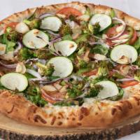 California Veggie Pizza · Spinach, broccoli, zucchini, onions, green peppers, garlic and mozzarella cheese.