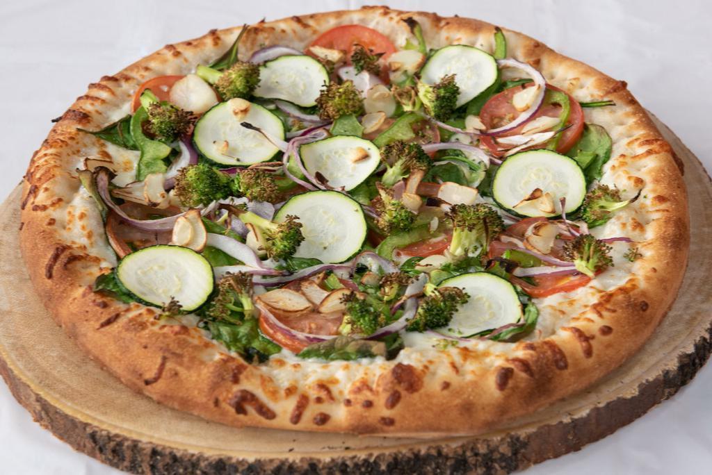 California Veggie Pizza · Spinach, broccoli, zucchini, onions, green peppers, garlic and mozzarella cheese.