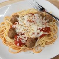 Spaghetti Meatballs · Long thing pasta. Ball of seasoned meat.