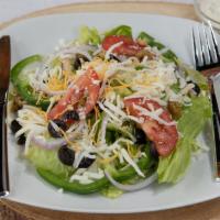 House Salad · Tomato, onion, green peppers, olives, and mozzarella cheese.