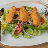 Tenders Salad · Tomato, onion, green peppers, olives and fried chicken.