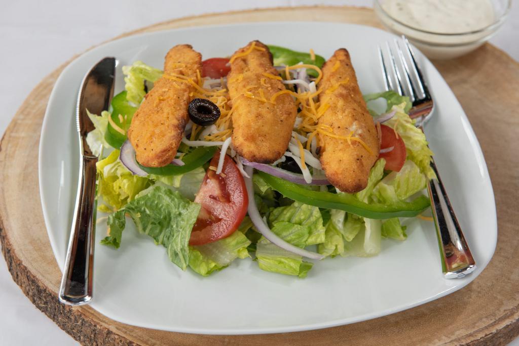 Tenders Salad · Tomato, onion, green peppers, olives and fried chicken.