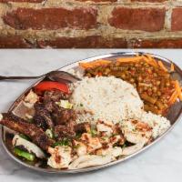 Mixed Grill · Shish kabob, gyro, and chicken kabab. Served with rice and vegetables.